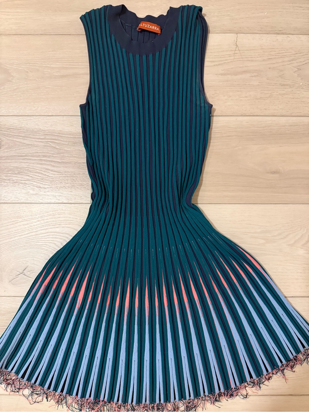 $1100 Altuzarra Teal and Navy Pleated Knit Dress with Coral & Light Blue Hem